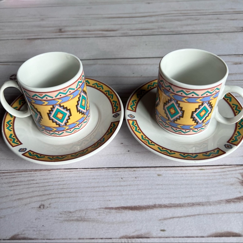 Studio Nova Aztec Southwest Vintage Set of 2 Demitasse Espresso Cups and Saucers
